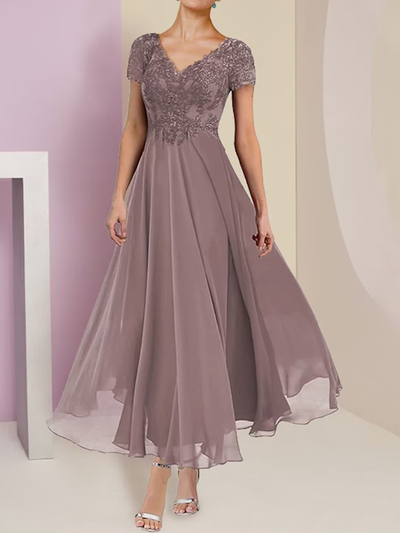Elegant Chiffon Two Piece Mother Of The Bride/Groom Dresses A Line Lace Appliques V Neck Short Sleeves Ankle Length Wedding Guest Gown