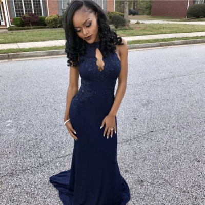 Navy blue prom dresses mermaid sleeveless with keyhole - Thumbnail 2