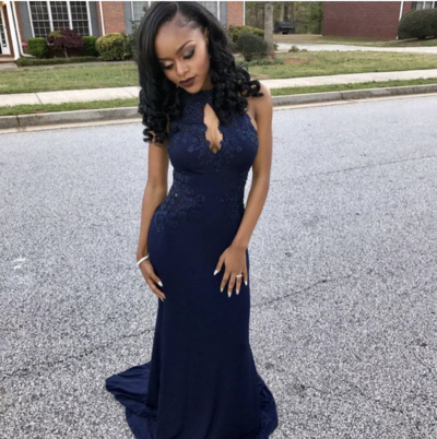Navy Blue Prom Dresses Mermaid Sleeveless with Keyhole