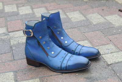 Jo Ghost Blue Classic Italian Calf Leather Jodhpur Buckle Boot with Zipper and Button