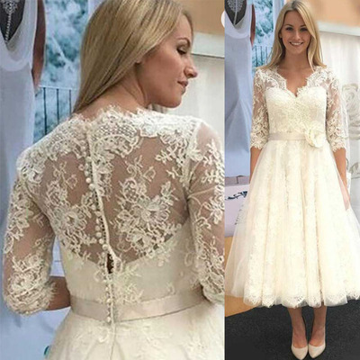 V Neck Vintage Wedding Dresses Bridal Gown Tea Length with Sleeves