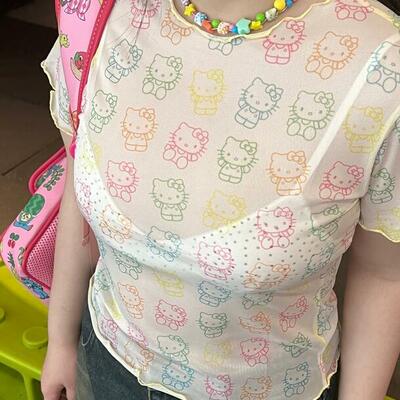 Colorful kitty cat see-through lace mesh top - Thumbnail 2