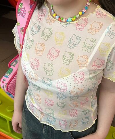 Colorful Kitty Cat See-through Lace Mesh Top