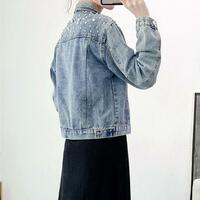 Women Pearls Beading Embroidered Denim Jacket Jean Coat - Thumbnail 1