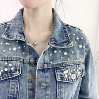 Women Pearls Beading Embroidered Denim Jacket Jean Coat - Thumbnail 2