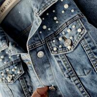 Women Pearls Beading Embroidered Denim Jacket Jean Coat - Thumbnail 5