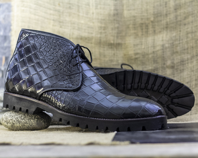 Handmade Alligator Texture Pure Leather Men's Black Color Derby Lace Up Style Ankle Boots