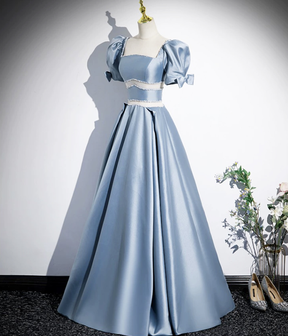 Unique Blue Satin Floor Length A-Line Prom Dress