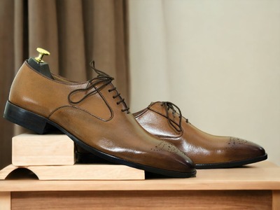 Bespoke Lace Up Cap Toe Men's Two Shaded Brown Color Genuine Leather Shoes