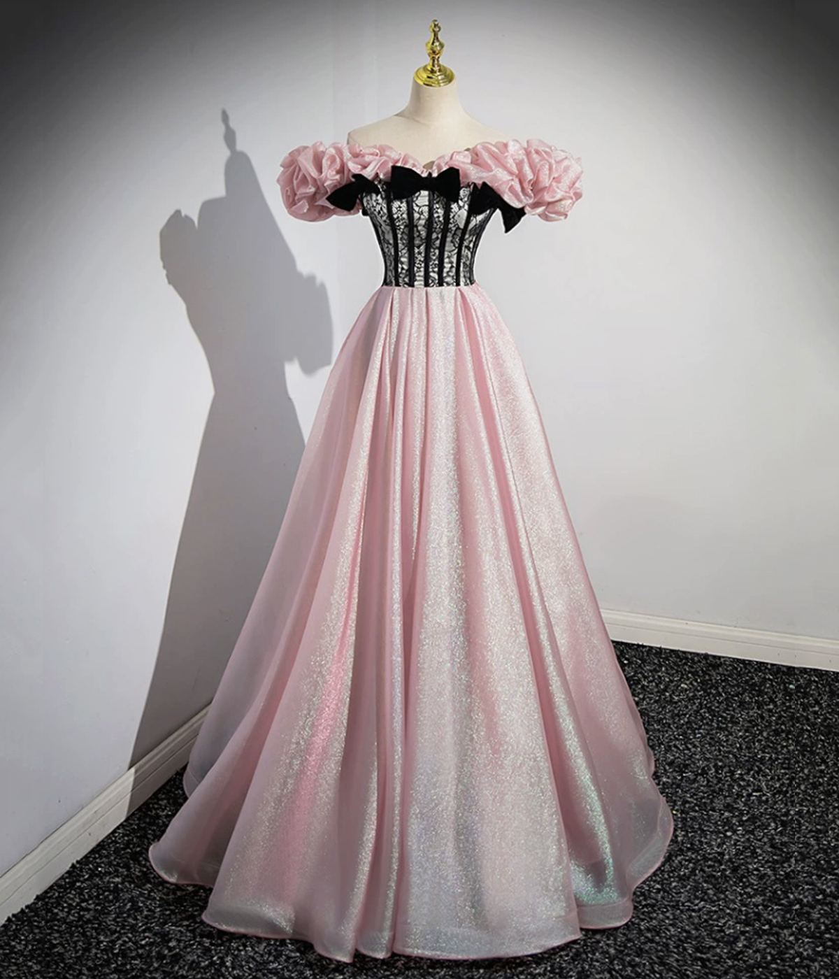 Beautiful Pink Shiny Tulle Long Prom Dress, Off the Shoulder Evening Party Dress