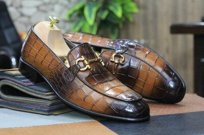 Bespoke Handmade Horse Bit Style Men's Two Shaded Brown Color Alligator Texture Leather Loafer Slip On Moccasin Shoes