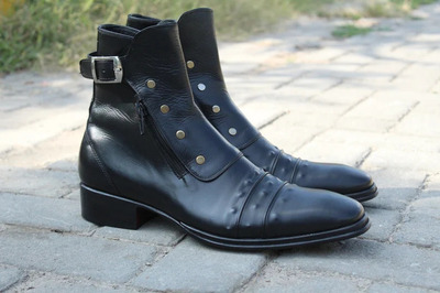Jo Ghost Italian Black Calf Leather Combat Jodhpur Buckle Boot with Zipper and Button