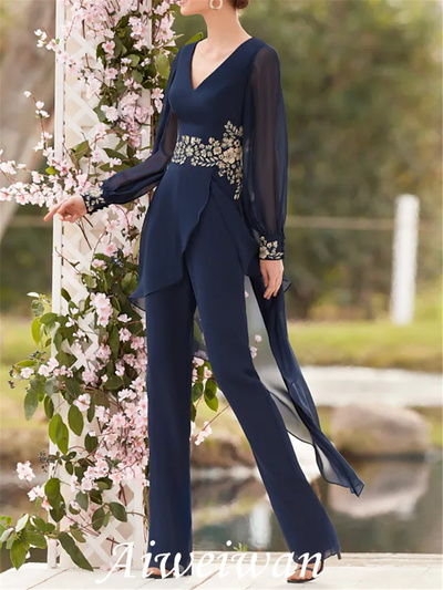 Pantsuit / Jumpsuit Mother of the Bride/Groom Dress Elegant V Neck Floor Length Chiffon Lace Long Sleeve with Appliques