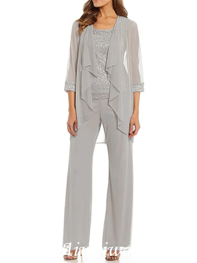 Two Piece Pantsuit Mother of the Bride/Groom Dress Elegant Scoop Neck Floor Length Chiffon Lace Sleeveless with Beading Ruffles