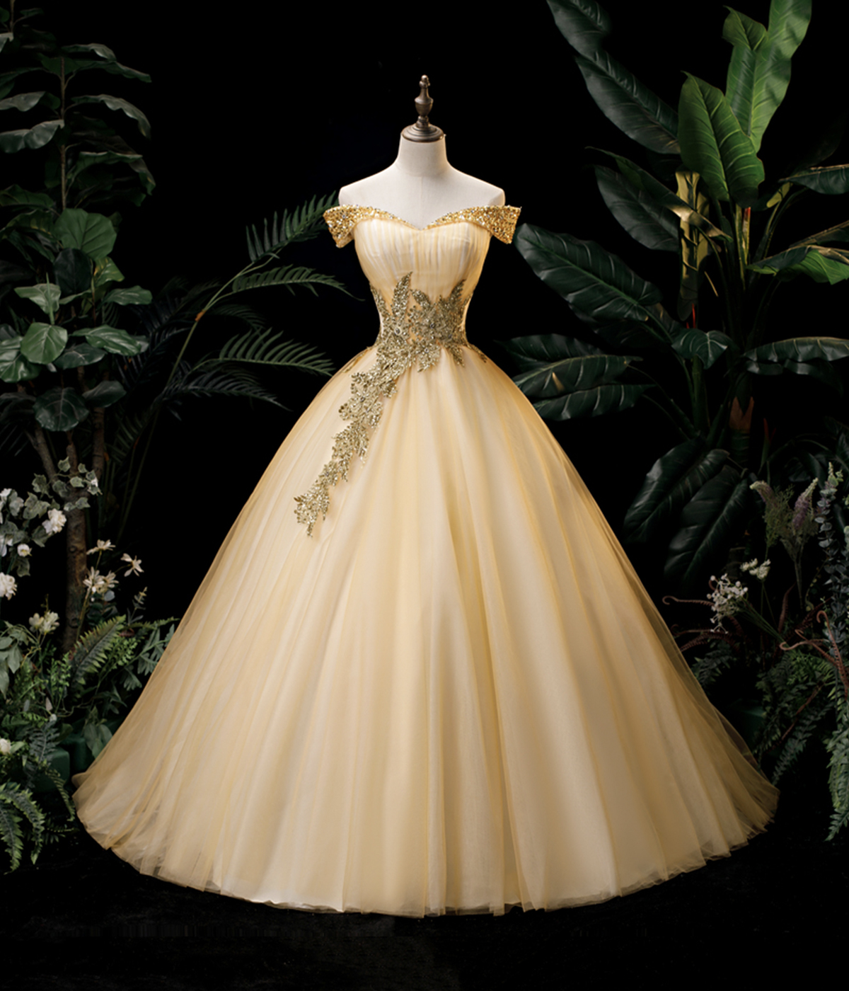 Gold Tulle Lace Long Formal Dress, A-Line Off the Shoulder Evening Party Dress