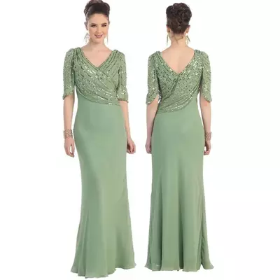 Green V-Neck Dress For Mother V-Neck Short Sleeveless Floor Length Mermaid Mother Of The Bride/Groom Dress Latest Gown