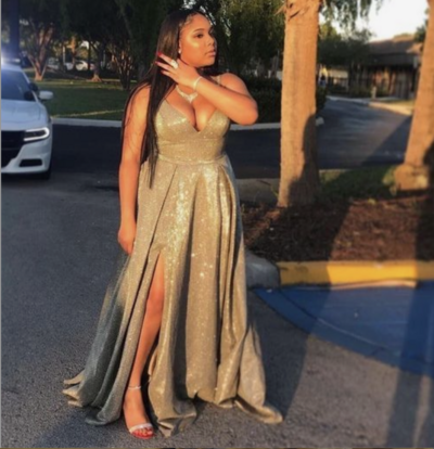 Prom Dresses Sequins Gold Floor Length Slit Side