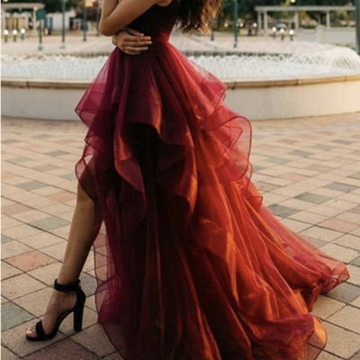 Spaghetti straps burgundy prom dresses hi low organza - Thumbnail 1