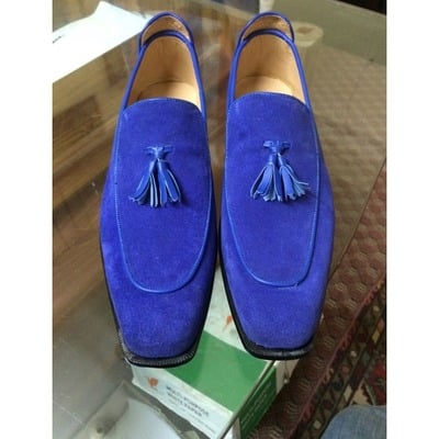 Royal blue tassel loafer slip ons handmade men suede leather shoes - Thumbnail 4