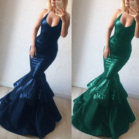 Mermaid Prom Dresses Sequins V Neck - Thumbnail 2