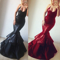 Mermaid Prom Dresses Sequins V Neck - Thumbnail 1