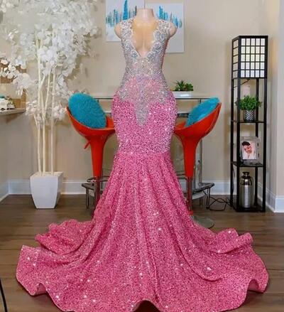 Sparkly Prom Dress Pink Sleeveless Bling Sequined Beads V-Neck Floor Length Women Sexy Birthday Party Girls Cocktail Gowns,1612