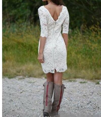 Summer Lace Short Wedding Dresses Scoop Neck Half Sleeves Zipper Back Bridal Gowns,1615