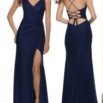 Navy blue prom dresses slit side criss cross  - Thumbnail 3