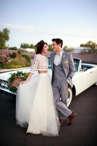 Simple Two Pieces Lace Beach Boho Wedding Dress Bridal Dress,939