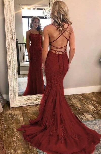 Spaghetti Strap Mermaid Burgundy Prom Dresses with Lace Appliques