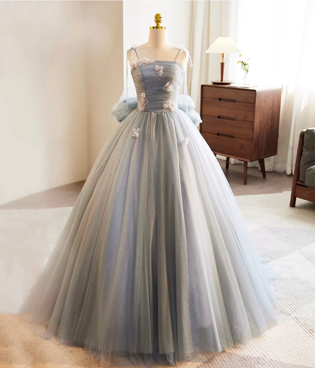 Gray Spaghetti Strap Tulle Long Ball Gown with Bow