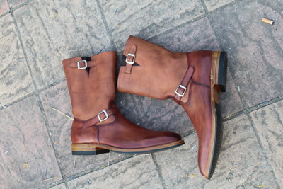 Crafted Leather Men Brown Leather Buckle Strap Long Cowboy Military Boot