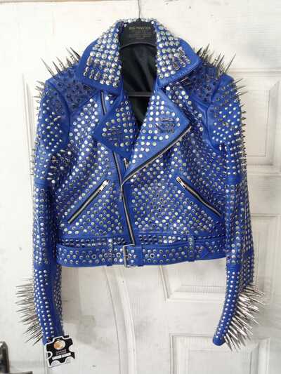 Handmade Men's Awesome Blue Punk Silver Spiked Studded Leather Brando Style Jacket