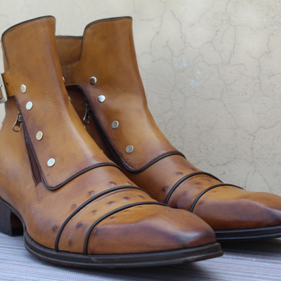 Handmade italian mens brown leather buckle strap ankle high jodhpur boot with side zipper and button - Thumbnail 4