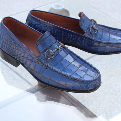 Crafted leather men's custom made crocodile texture horsebit alligator loafer dress shoes - Thumbnail 5