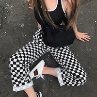 Vintage Checker Drawstring Casual Pants - Thumbnail 1