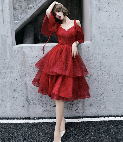 Burgundy tulle long prom dress A line evening dress,1618