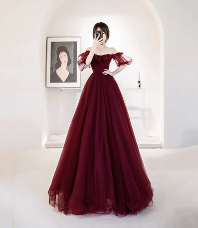 Burgundy Tulle Long Prom Dress A Line Evening Dress,1623