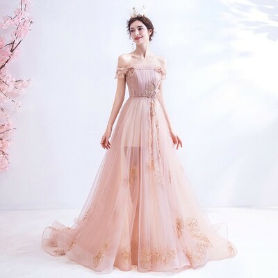Pink tulle long A line prom dress pink evening dress,1629