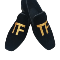 NEW Tom Ford Black Velvet Men Gold TF Monogram Logo Loafers Shoes - Thumbnail 1