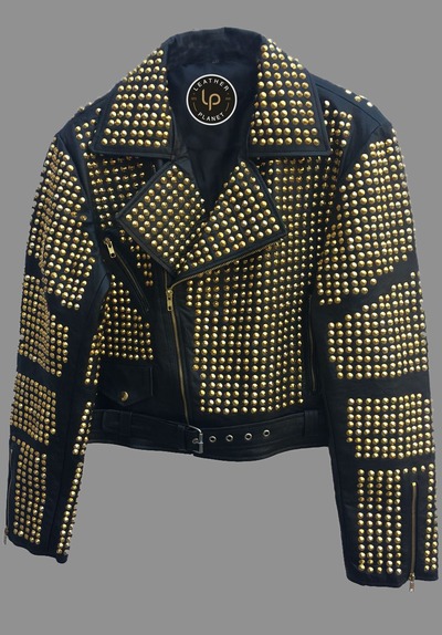 Crafted Leather New Handmade Golden Studded Real Leather Jacket with Heavy Metal Studs Customizable Bikers Jacket