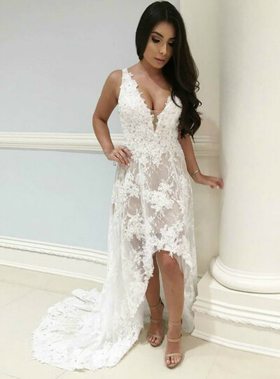 A-Line V-Neck High Low White Wedding Dress with Appliques,952