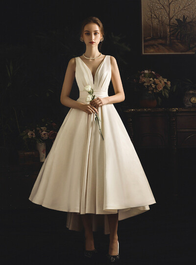 Beige White Satin V-neck Hi Lo Backless Short Wedding Dress With Bow,951