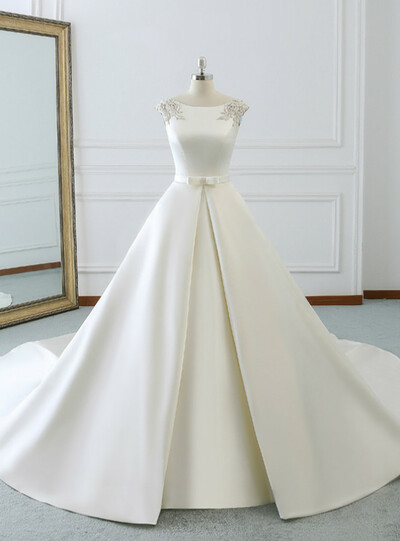 White Satin Cap Sleeve Backless Wedding Dress With Pearls,953