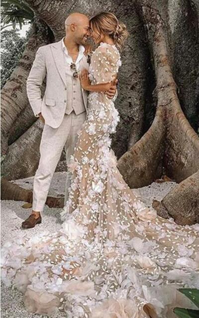 Sophisticated Lace Mermaid Half-sleeve V-neck Keyhole Back Wedding Dress,955