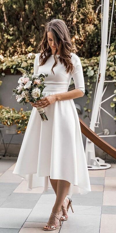 Simple Short Sleeve Hilo Tea-length Beach Boho Wedding Dress Bridal Gown