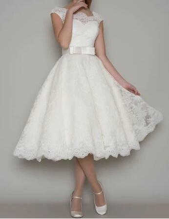 Tea-Length A-Line Cap Sleeve Square Neck Ribboned Lace Wedding Dress,956