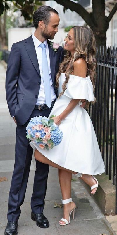 Simple Short Sleeve Off the Shoulder Tea-length Beach Boho Wedding Dress Bridal Gown