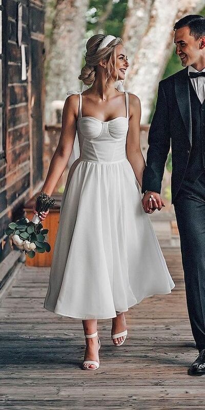 1950S Simple Spaghetti Straps Tea-length Beach Boho Wedding Dress Bridal Gown