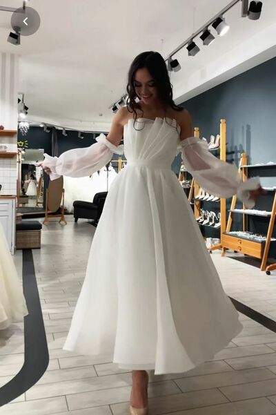 1950S Simple Tea-length Beach Boho Wedding Dress Bridal Gown